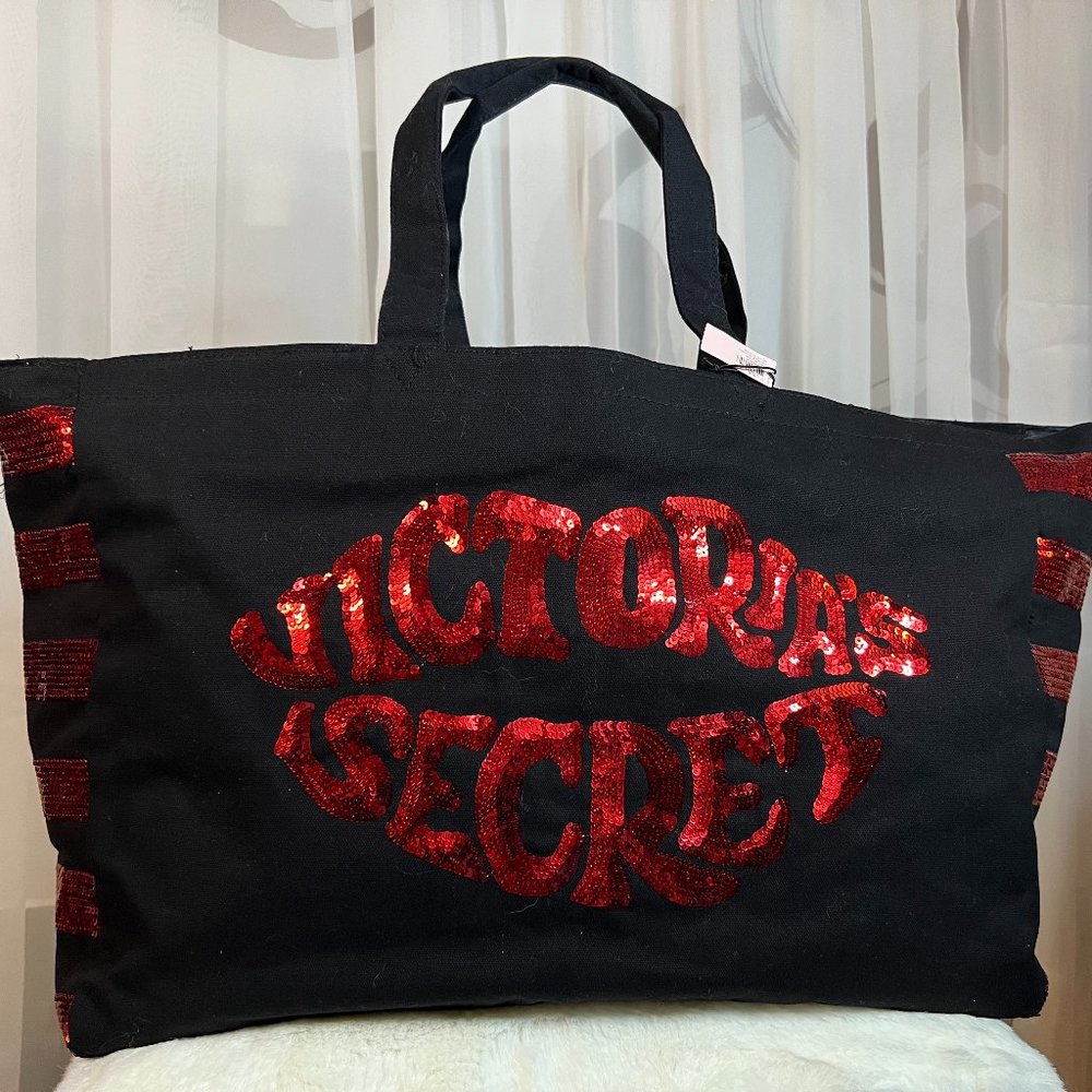 Victorias secret sequin zip up red black extra large tote travel bag NWT